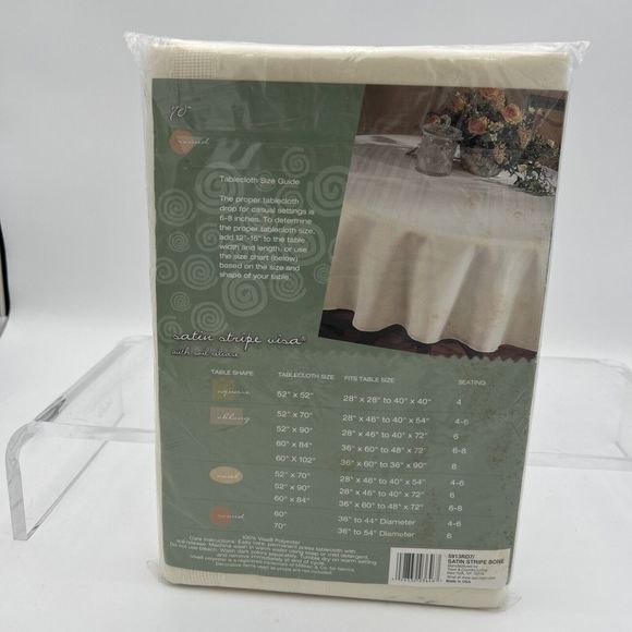 NOS - 70" Round Bone HomeTrends Satin Stripe Visa Tablecloth 5913RD7 - Picture 6 of 9